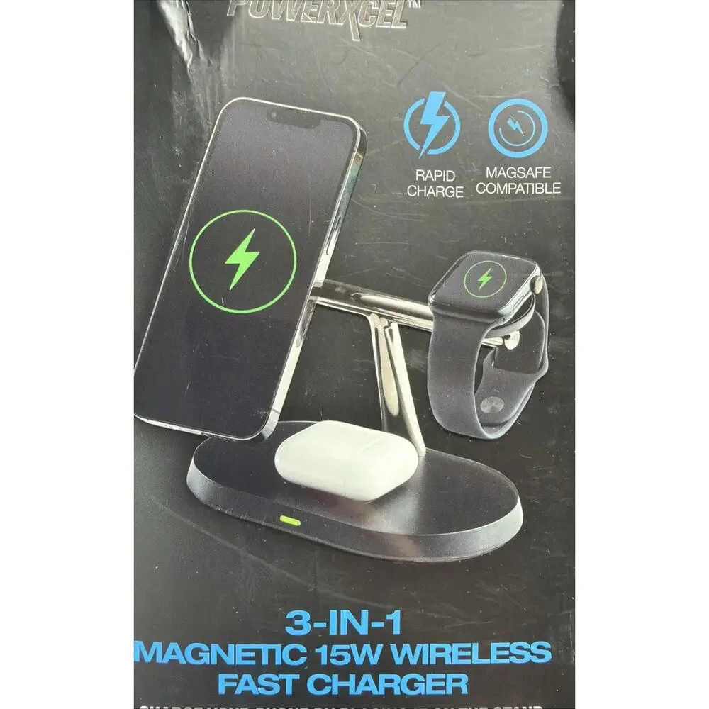 Powerxcel 3 In 1 Magnetic 15w Wireless Fast Charger In Black Brand New